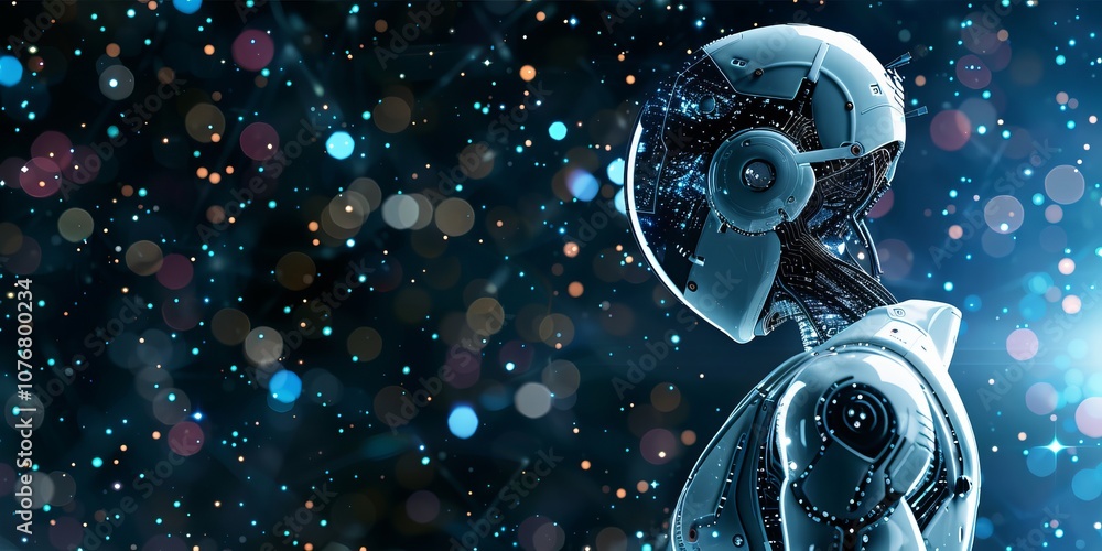 Poster futuristic robot with advanced technology in a digital space