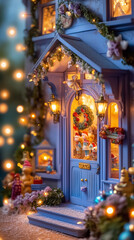 Fototapeta premium A cozy, blue miniature house decorated with a wreath and warm lights, evoking a festive winter spirit