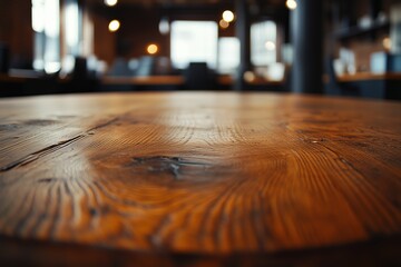 Obraz premium Close-up of textured wooden table in rustic cafe with ambient lighting, product placement