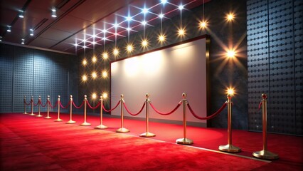 Elegant Empty Media Wall Backdrop with Red Carpet Setting for High Profile Events and Celebrity Spotlights, Ideal for Photography and Event Planning Use