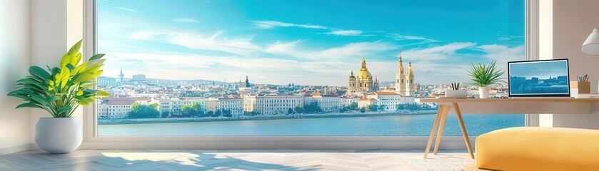 Fototapeta premium Expat home office with views of a foreign cityscape, remote work life and travel fusion