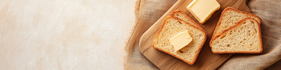 Freshly toasted bread slices with butter on a rustic wooden cutting board in a cozy kitchen setting. Generative AI