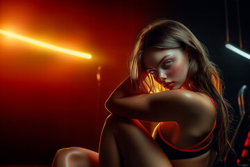 Naklejka premium An athletic girl athlete is illuminated by neon lights background with copy space.
