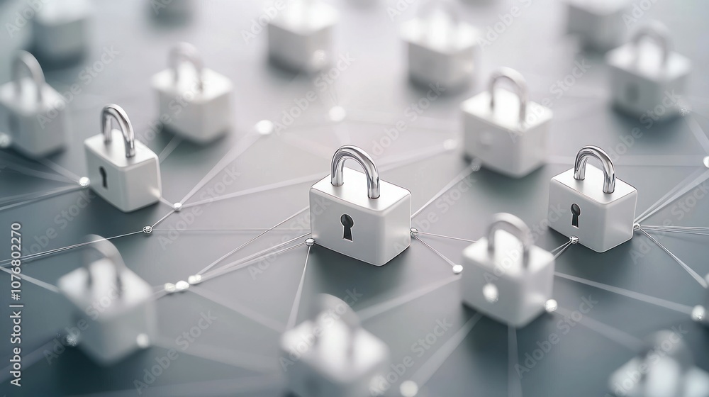 Poster a digital representation of interconnected padlocks symbolizing cybersecurity and data protection.