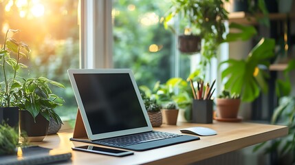 Fototapeta premium Clean and elegant desk setup with a tablet on a sleek stand, stylus nearby, warm natural light, minimalist decor, simple and functional layout, organized and inviting. --ar 16:9