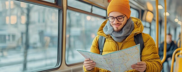 Expat using public transportation, reading a map, embracing a new lifestyle abroad