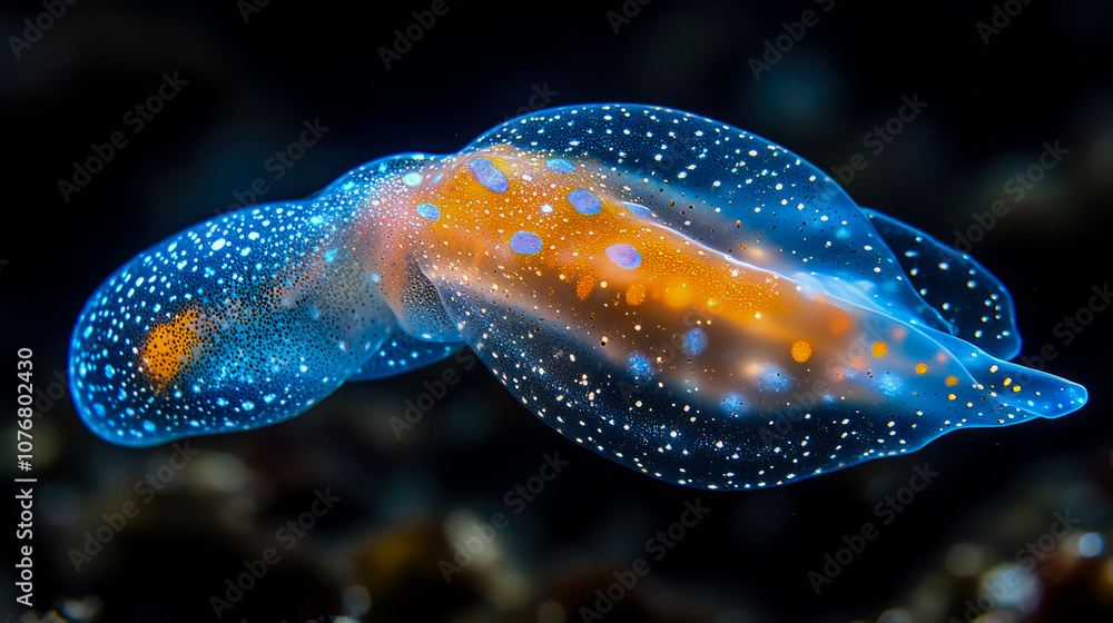 Poster a translucent jellyfish moves elegantly through deep blue waters, emitting a soft glow and showcasin