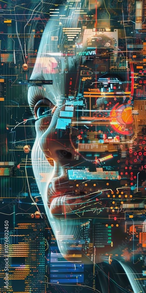Poster futuristic digital interface with human face and data visualization elements