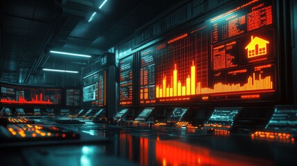 Futuristic control room with multiple screens displaying data and charts.