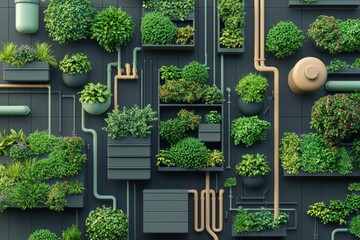 Fototapeta premium A vibrant green living wall design featuring various plants arranged in geometric planters and connected by pipes.