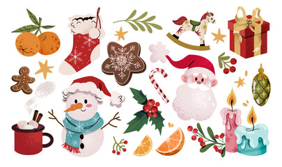 Christmas and new year vector stickers collection. Tangerines, snowman, Santa, cocoa, gingerbread, Christmas tree toys. Winter holiday decorations design elements