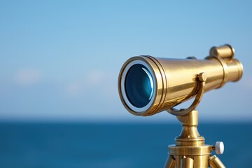 A golden telescope overlooking the ocean, designed for scenic viewing.
