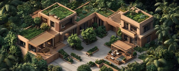 Fototapeta premium A modern, eco-friendly home surrounded by lush greenery, featuring rooftop gardens and a serene outdoor space for relaxation.