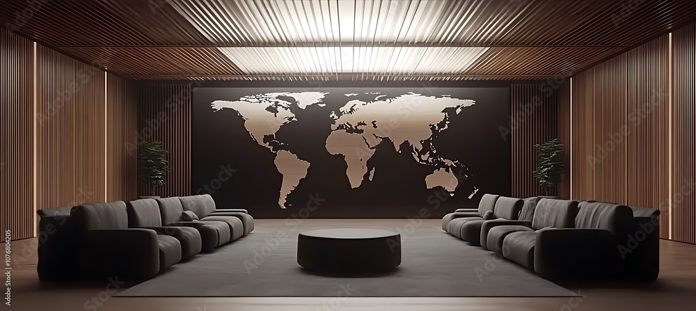 Poster a global supply chain map displayed on a large screen, with empty space for text