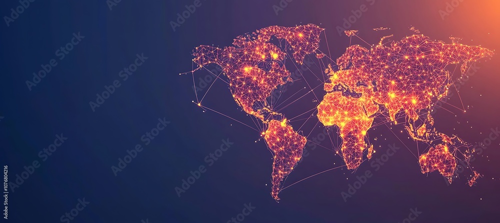 Poster a global supply chain map displayed on a large screen, with empty space for text