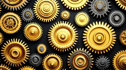 A collection of golden and gray gears arranged artistically on a dark background.