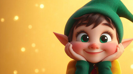 Smiling elf child in vibrant, playful 3D animation style against a festive gold background, exuding joy and cheer perfect for winter celebrations.