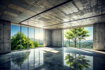 Empty Concrete Room with Exposed Ceiling Featuring Double Exposure Photography and a Partial Window View, Perfect for Minimalist Interior Design and Architectural Visuals