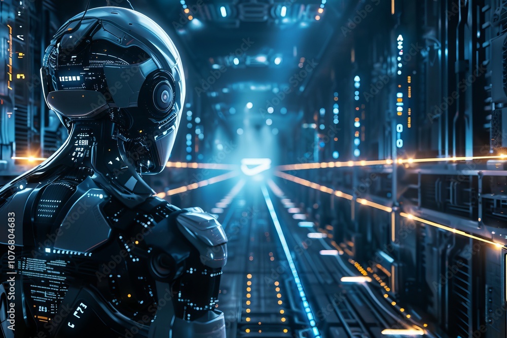 Poster futuristic robot in a high-tech data center with neon lights and advanced technology