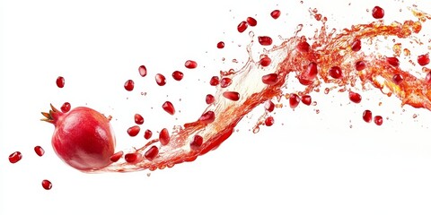 Minimalist composition of pomegranate seeds in flight, juicy drops spilling on white background banner