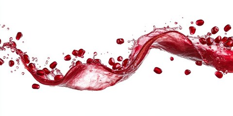 Minimalist composition of pomegranate seeds in flight, juicy drops on a clean white background banner