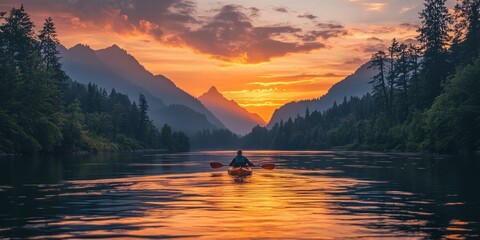 Kayaking through a Mountain Valley at Sunset