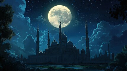 Naklejka premium Nighttime view of a grand mosque under a full moon.