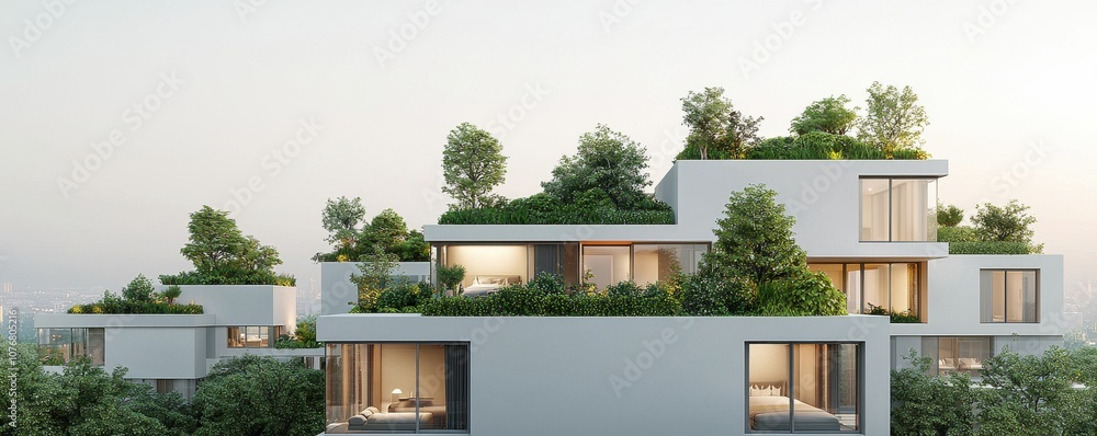 Poster a modern architectural design featuring multi-level houses adorned with trees and greenery, creating