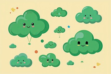 Whimsical Green Cartoon Cloud Illustrations for Kids Books