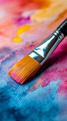 Vibrant paintbrush resting on a colorful canvas, blending warm pinks and oranges with cool blues, capturing the essence of artistic creativity and expression.