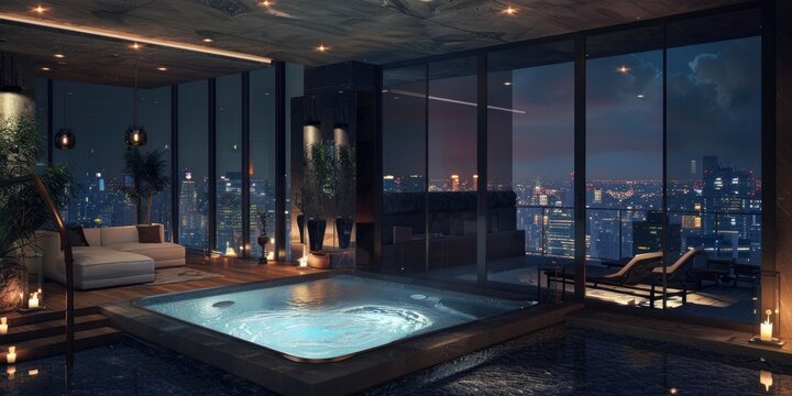 SPA at night penthouse building interior.