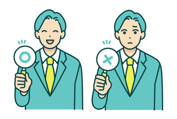 まるとばつの札を持つ男性。正解と不正解を表現したベクターイラスト素材。