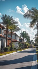 Fototapeta premium Picturesque suburban street lined with Mediterranean-style homes and lush palm trees under a vibrant blue sky with fluffy white clouds, epitomizing Florida living.