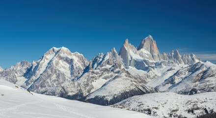 Fototapeta premium Snow capped mountains with bright blue skies