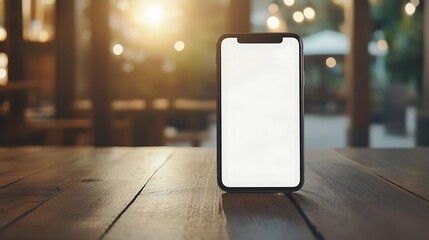 Modern mobile phone mockup with a blank white screen on a wooden desk background