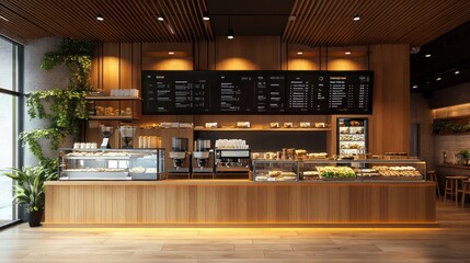 Step into a cozy cafe adorned with wooden accents, showcasing an electronic menu featuring tempting delights