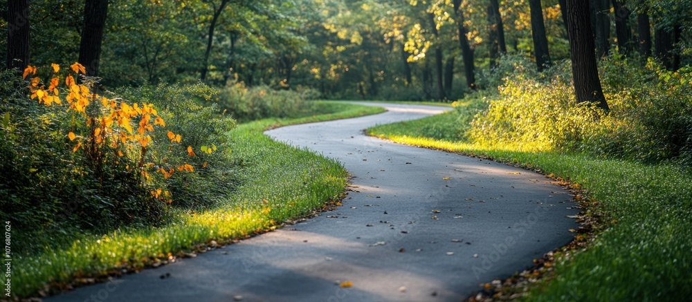 Poster a winding paved path through a forest with green grass and trees on either side.