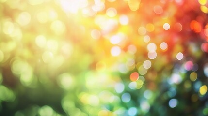 Obraz premium Vibrant abstract background with colorful bokeh lights blending from warm yellows and oranges to cool greens and blues, creating a dreamy, festive atmosphere.