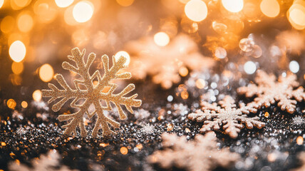 Decorative snowflakes on glittery surface with warm bokeh lights in the background during winter
