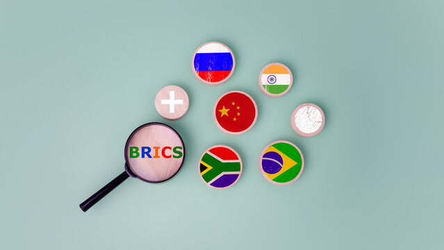 BRICS, Business finance long-term investment analyzes, New group of powerful rising states, Capital gain world money economic growth, Circular wooden printed with the flags of the BRICS economic group
