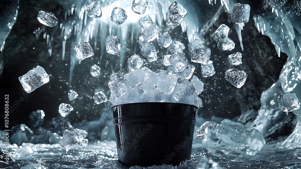 Poster dramatic scene of ice cubes falling into a dark bucket surrounded by glacial elements in a mystical 