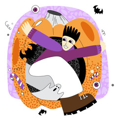 Vector illustration in doodle and flat style on Halloween theme in purple and orange shades. Man in witch hat and with pumpkin. Illustration on Halloween theme.