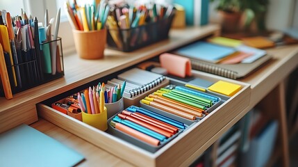 Minimalist desk setup with a drawer of neatly organized, color-coded office supplies, soft lighting, clean lines, warm wood tones, modern aesthetic, emphasizing order and creativity. --ar 16:9