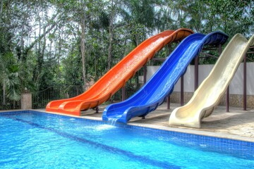 Colorful water slides beside a swimming pool in a lush green environment.