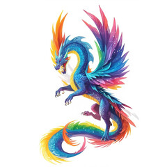 Obraz premium Blue dragon with rainbow wings and tail. 