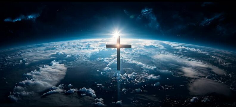 Jesus Cross over planet earth orbit. Christianity religion faith worship spirituality concept. Generative video AI technology.