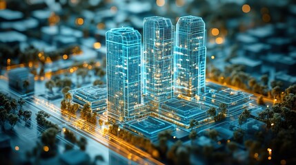 Engineers employing digital twin technology and AI systems to design and construct futuristic buildings with precision