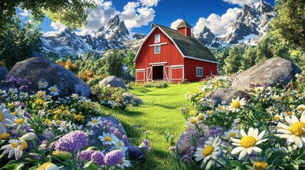 Fototapeta premium A picturesque red barn surrounded by vibrant flowers and mountains under a blue sky.