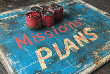 A weathered blue planning board displays the words Mission Plans while red compasses sit atop, suggesting outdoor adventure strategies