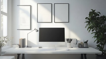 Fototapeta premium Minimalist workspace with a sleek docking station for all tech devices, clean and uncluttered desk, soft natural lighting, modern aesthetic, organized layout, productivity-centered design. --ar 16:9